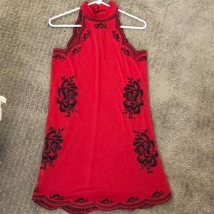Red embroidered high neck dress